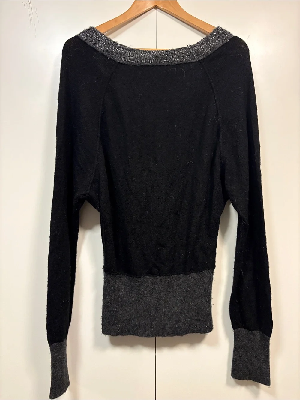 Free People Wool Black Sequin V-Neck Sweater featuring a deep V-neck S